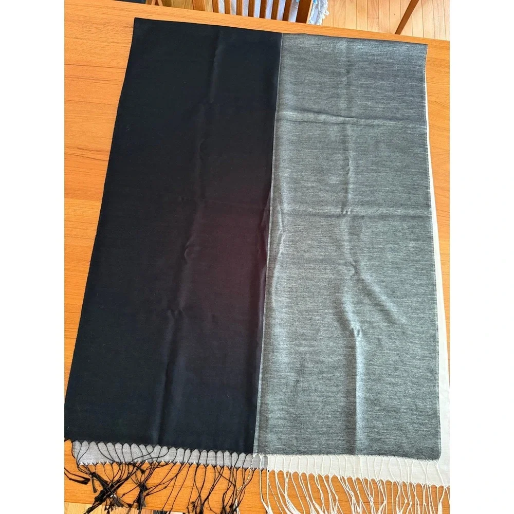 Made in Italy Black White Gray Color Block Silk Cotton Fringe Scarf Wrap Shawl